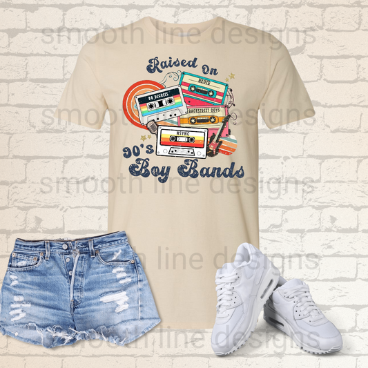 Take a trip down memory lane with this "Growing Up on 90s Boy Bands" t-shirt! Made from soft, comfy fabric, this shirt is perfect for fans of the iconic boy bands that defined a generation.