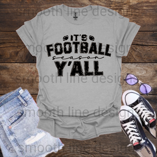 Get ready for game day with this "It's Football Season Y'all" t-shirt! Made from soft, comfortable fabric, this shirt is perfect for cheering on your favorite team during fall football season. The bold design makes it a great choice for wearing to games, tailgates, or casual outings with friends and family.