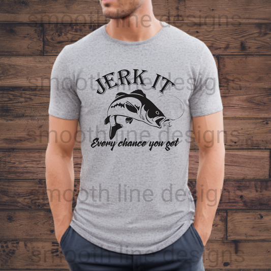 Reel in some laughs with this hilarious "Jerk It Every Chance You Get" fishing t-shirt! Designed for the avid fisherman, this funny shirt is made from soft, comfortable fabric, making it perfect for a day on the water or hanging out with fellow fishing buddies.