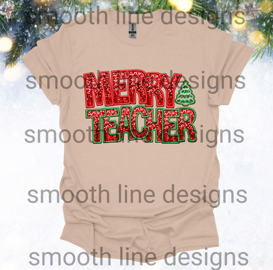 Get in the holiday spirit with this Merry Teacher Shirt! Perfect for spreading cheer in the classroom or at the Christmas party, this cute and festive t-shirt is made for teachers who love to celebrate